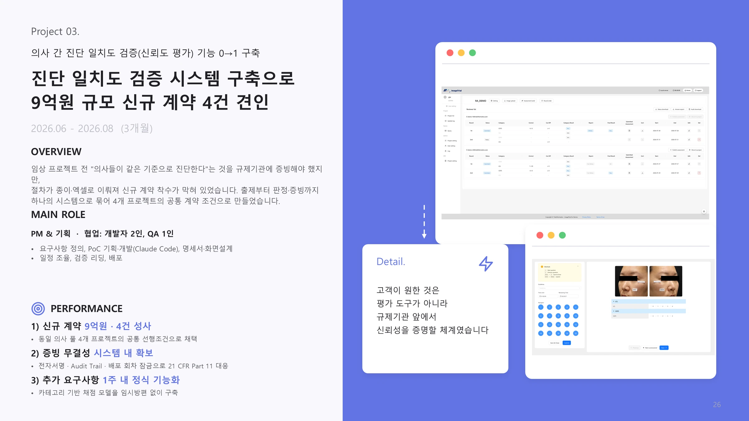 프로젝트 개요: 진단 일치도 검증 시스템 구축으로 9억원 규모 신규 계약 4건을 견인한 프로젝트의 개요, 역할, 성과 슬라이드
